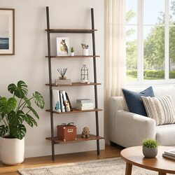 Durable 5-Tier Leaning Shelf in Dark Brown and Black
