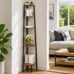 5-Tier Corner Shelf Storage Bookcase Tall Standing Unit Dark Brown Black 180cm