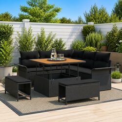Durable 8 Piece Black Garden Sofa Set with Storage Cushions