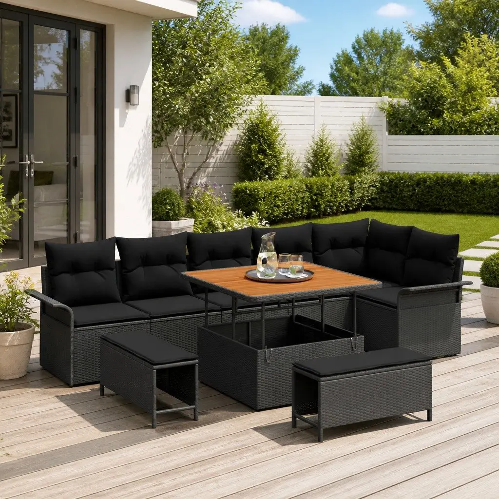 9-Piece Black Modular Outdoor Garden Sofa Set with Storage