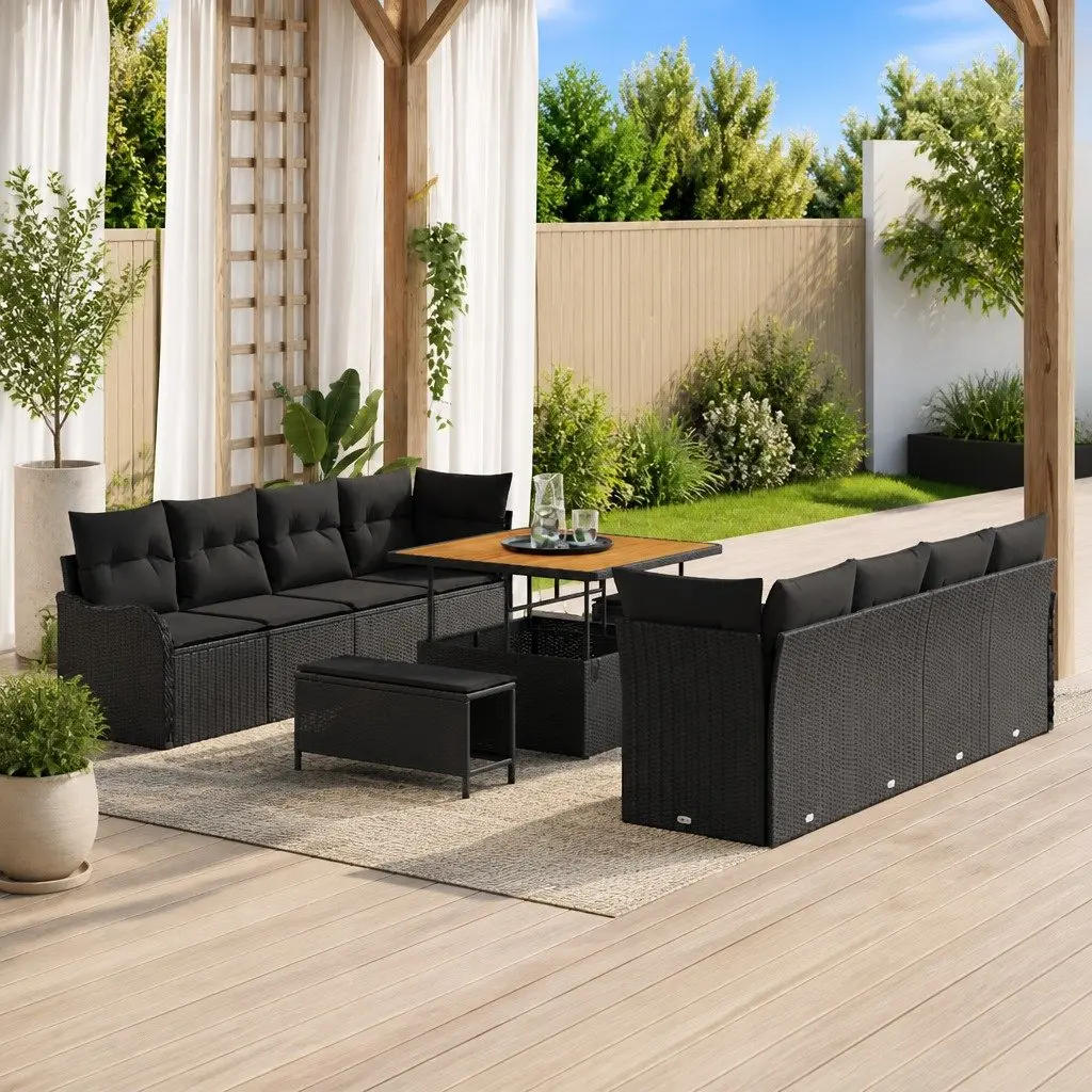 Modular Garden Sofa Set Poly Rattan Powder-coated Steel 11 Piece Black