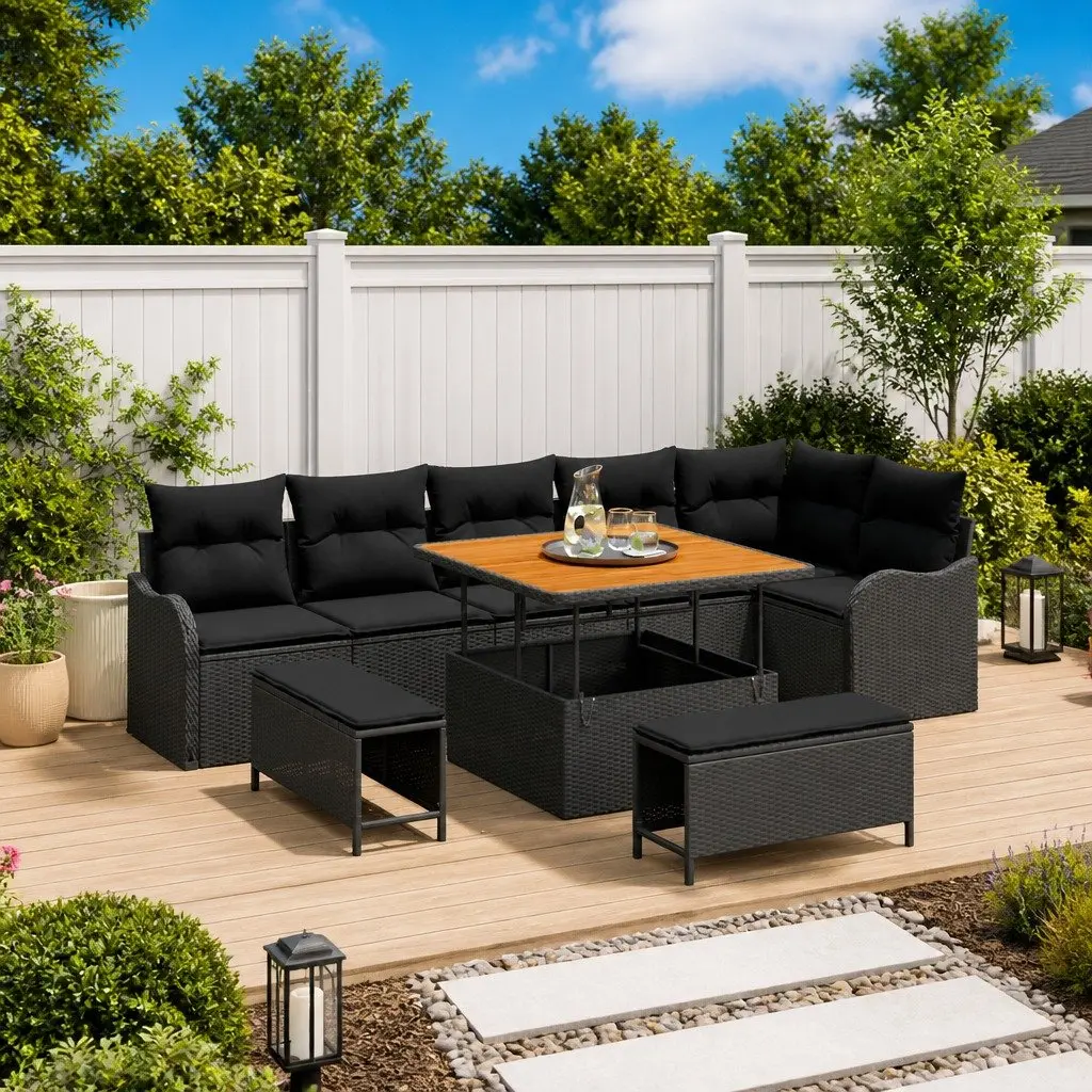 Black Modular 9-Piece Outdoor Garden Sofa Set with Storage