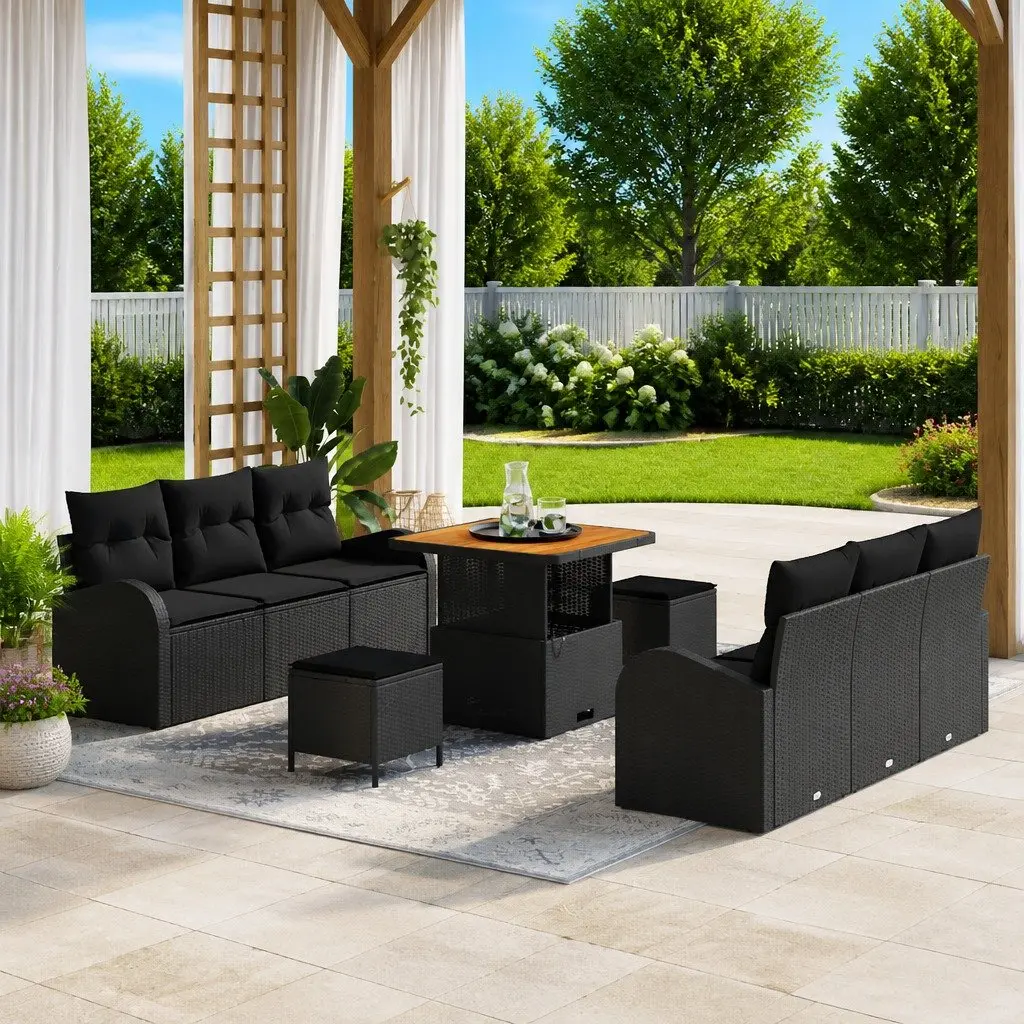 Modular Garden Sofa Set Poly Rattan Acacia Wood Steel 9 Piece Black