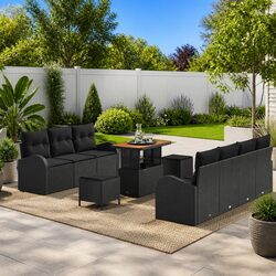 10-Piece Modular Black Poly Rattan Garden Sofa Set