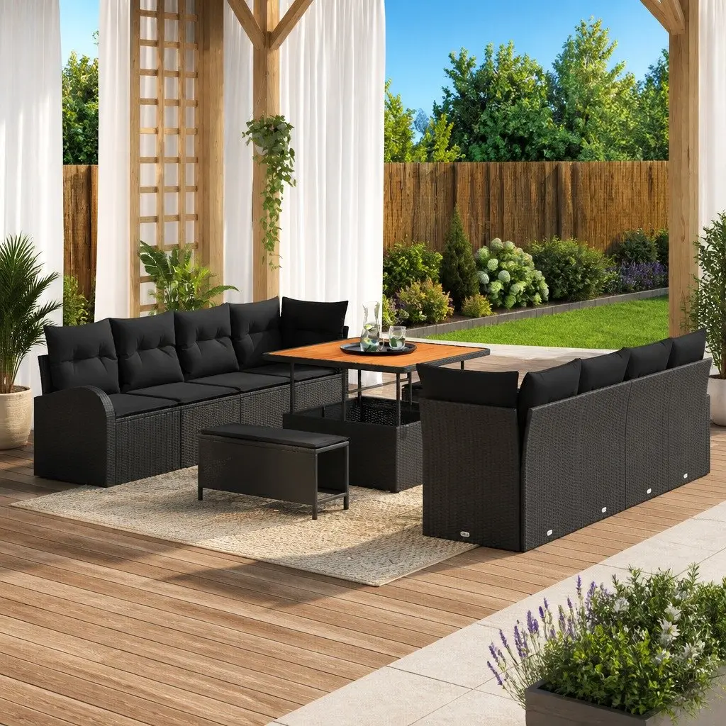 Garden Sofa Set Poly Rattan Steel Acacia Wood 11 Pieces Black