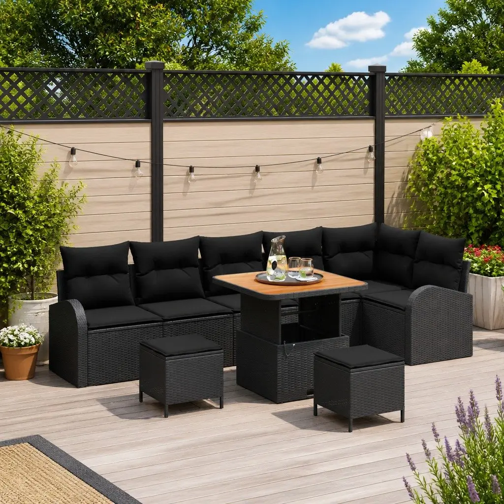 Black Outdoor Garden Sofa Set 9 Pieces with Storage