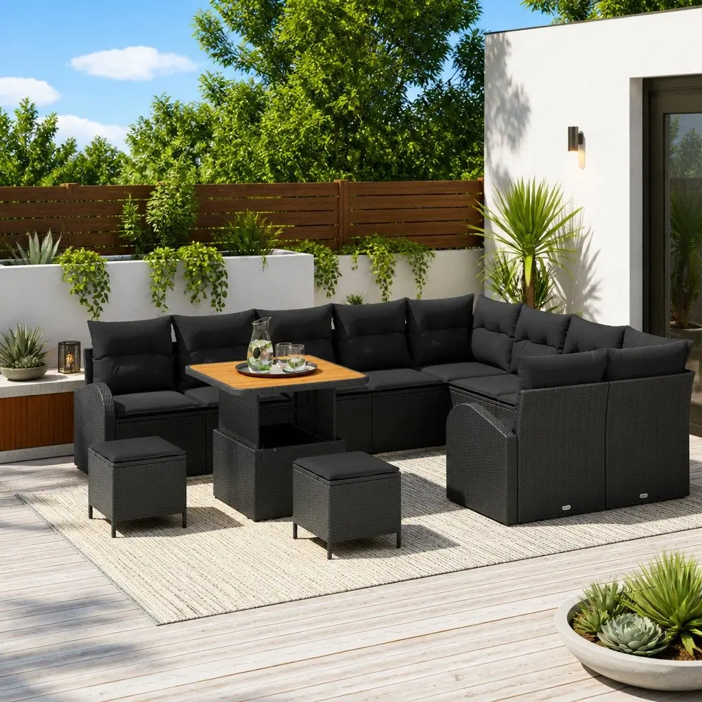 12-Piece Black Garden Sofa Set with Storage
