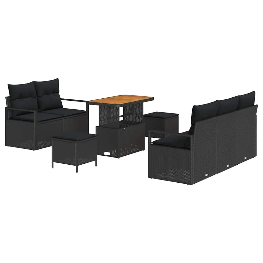 8 Piece Outdoor Garden Sofa Set Modular Poly Rattan Weave Acacia Wood Frame Powder-Coated Steel Frame Black