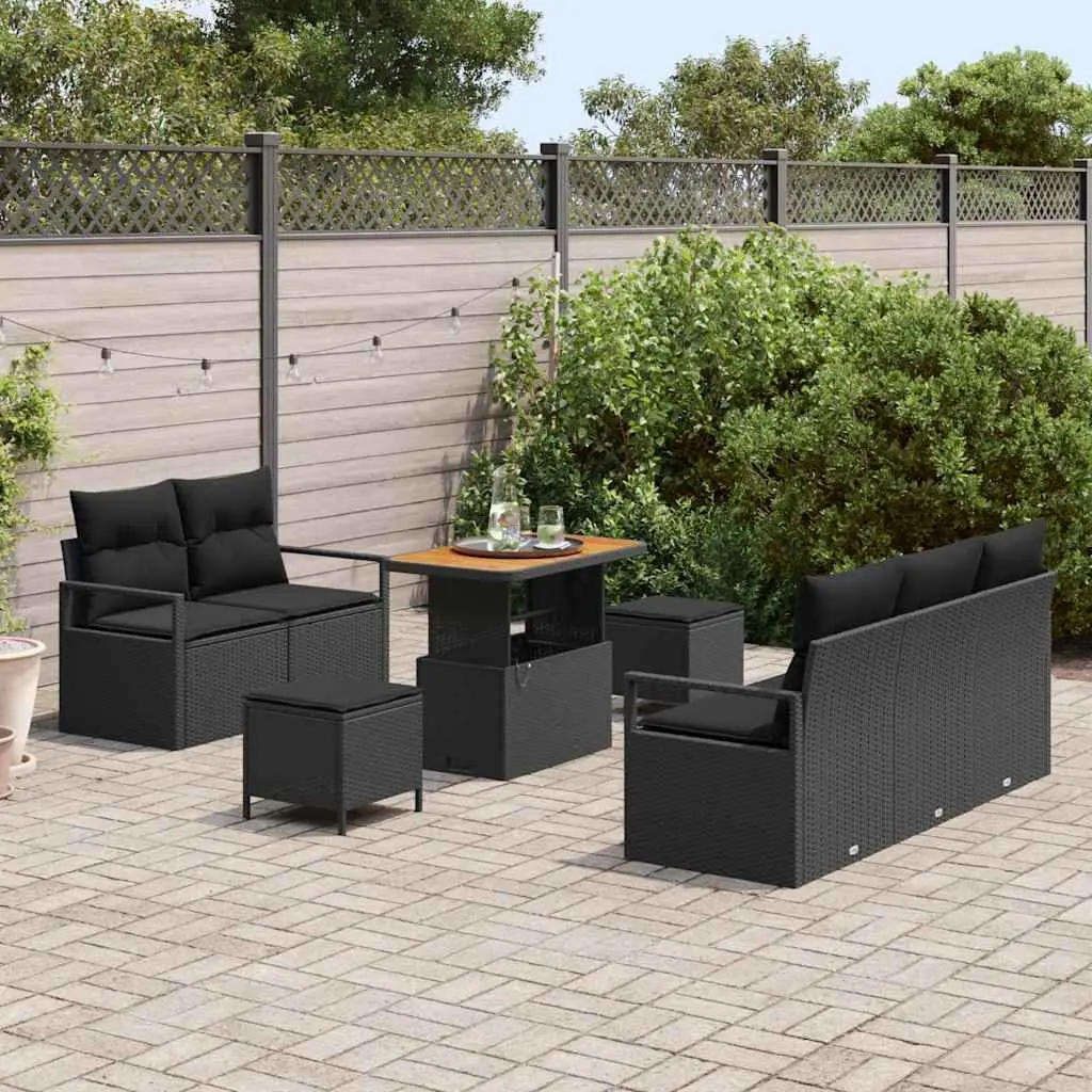 8 Piece Outdoor Garden Sofa Set Modular Poly Rattan Weave Acacia Wood Frame Powder-Coated Steel Frame Black