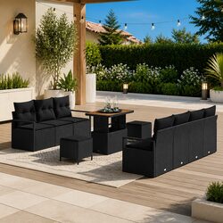10-Piece Black Poly Rattan Garden Sofa Set with Storage