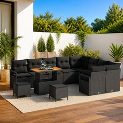 Durable 12pc Black Poly Rattan Outdoor Sofa Set with Cushions