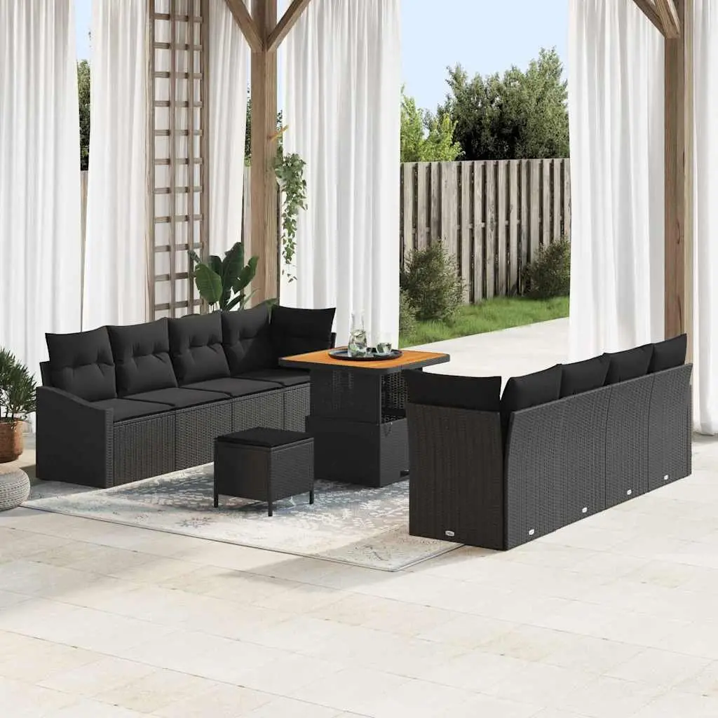 Outdoor Sofa Set Poly Rattan Solid Acacia Wood 11 Pieces Black