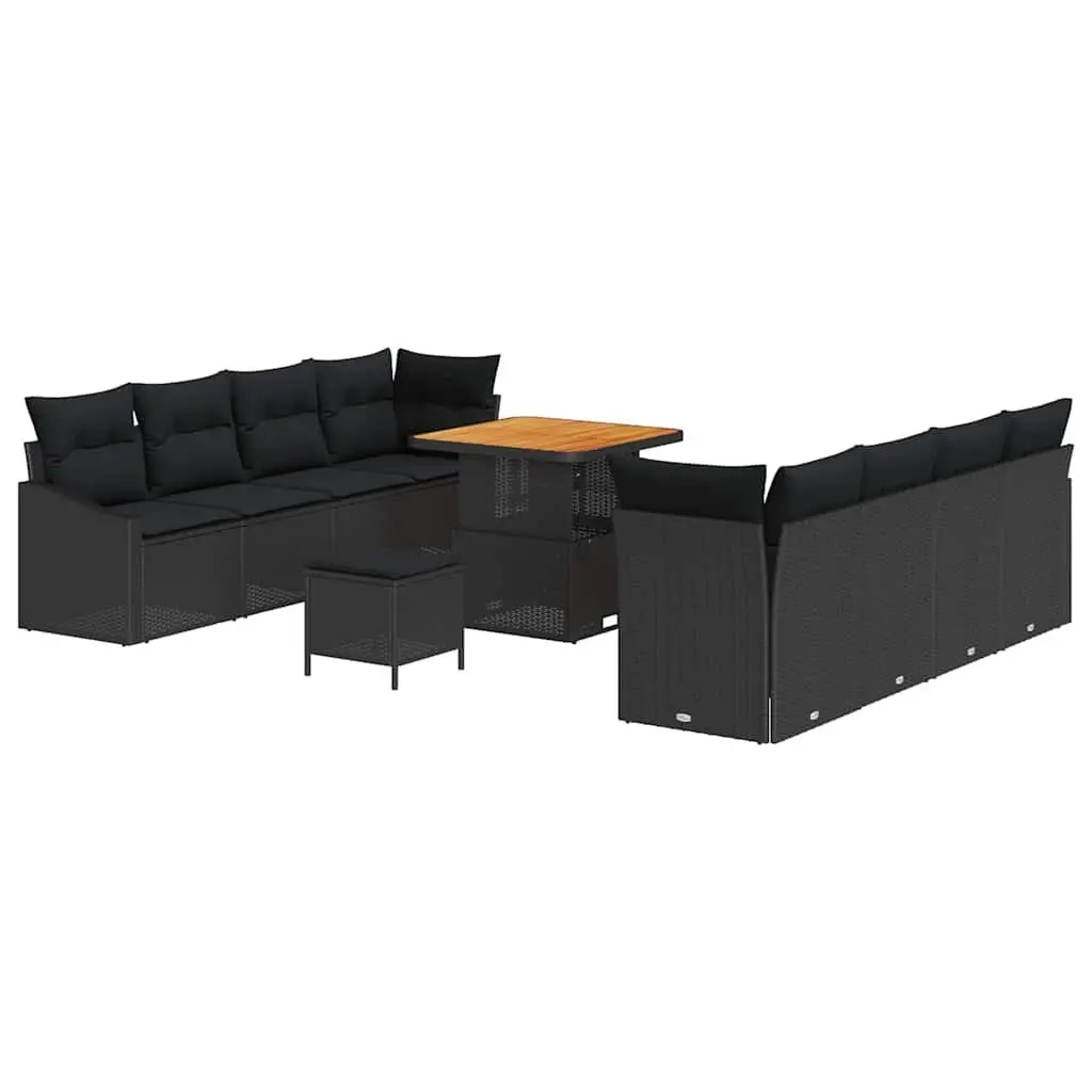 Outdoor Sofa Set Poly Rattan Solid Acacia Wood 11 Pieces Black