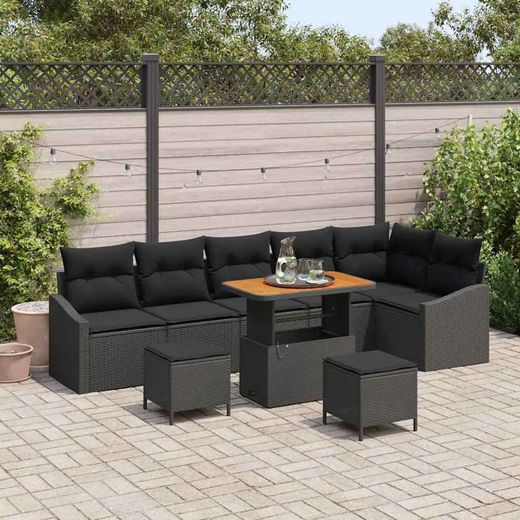 9-Piece Modular Black Rattan Garden Sofa Set