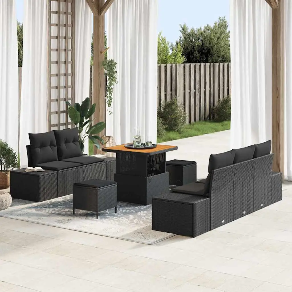 Outdoor Garden Sofa Set Poly Rattan Acacia Wood 8 Pieces Black