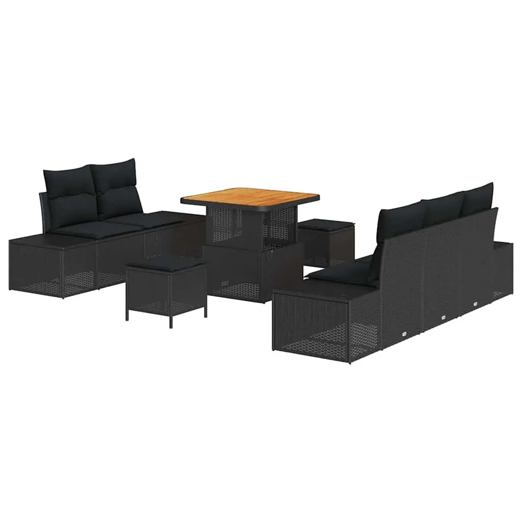 Outdoor Garden Sofa Set Poly Rattan Acacia Wood 8 Pieces Black