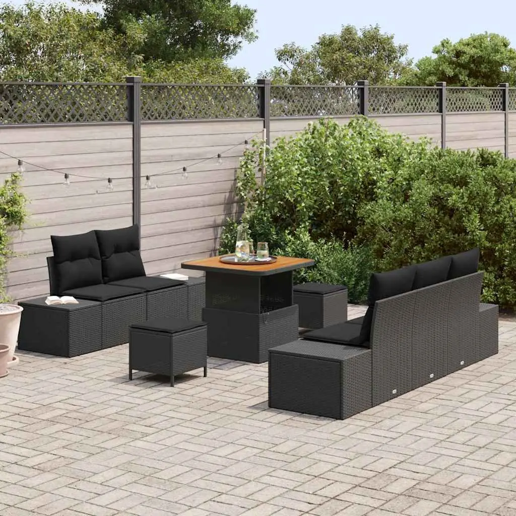 Outdoor Garden Sofa Set Poly Rattan Acacia Wood 8 Pieces Black
