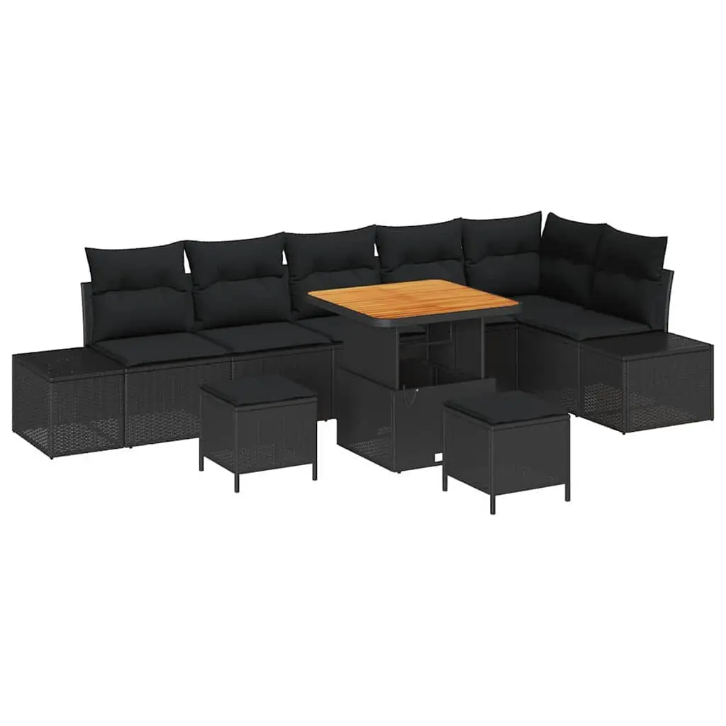 9-Piece Modular Black Poly Rattan Garden Sofa Set