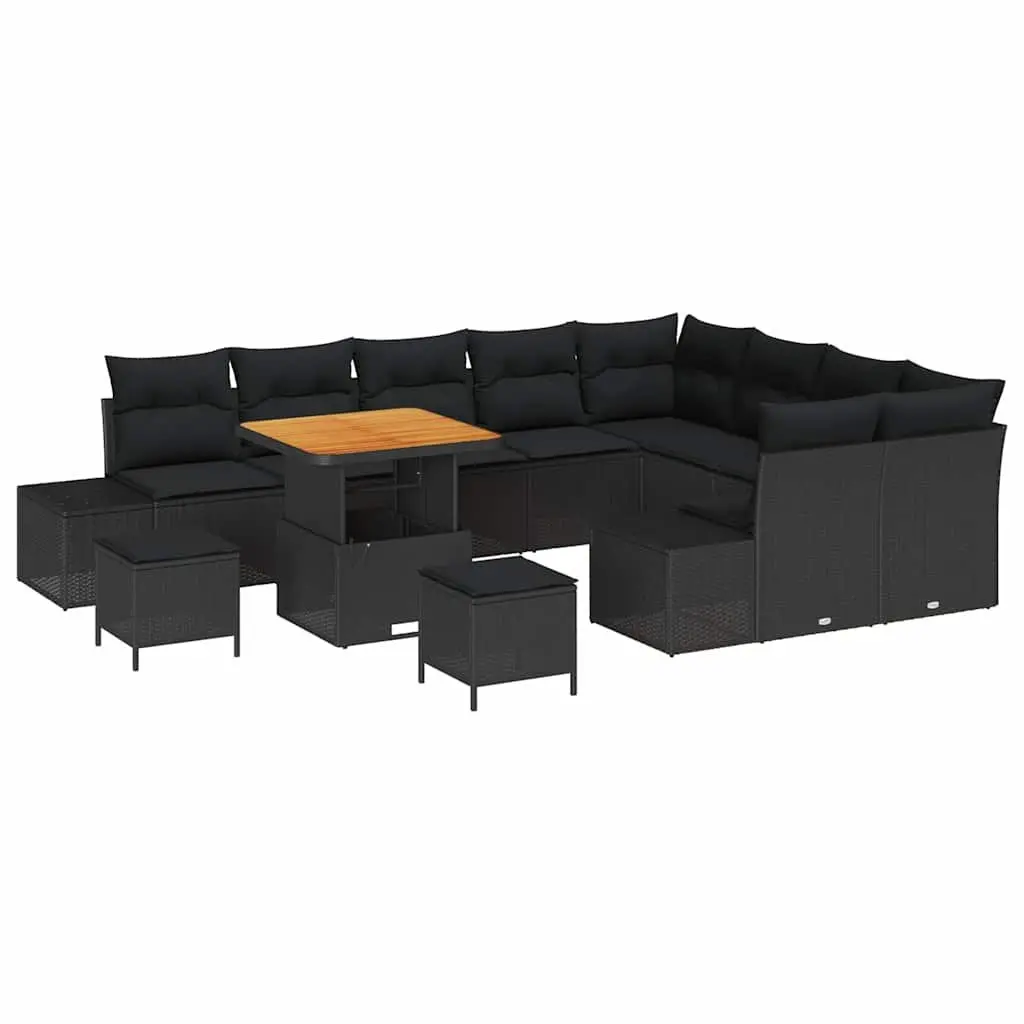 Outdoor Garden Sofa Set Poly Rattan Acacia Wood 12 Pieces Black