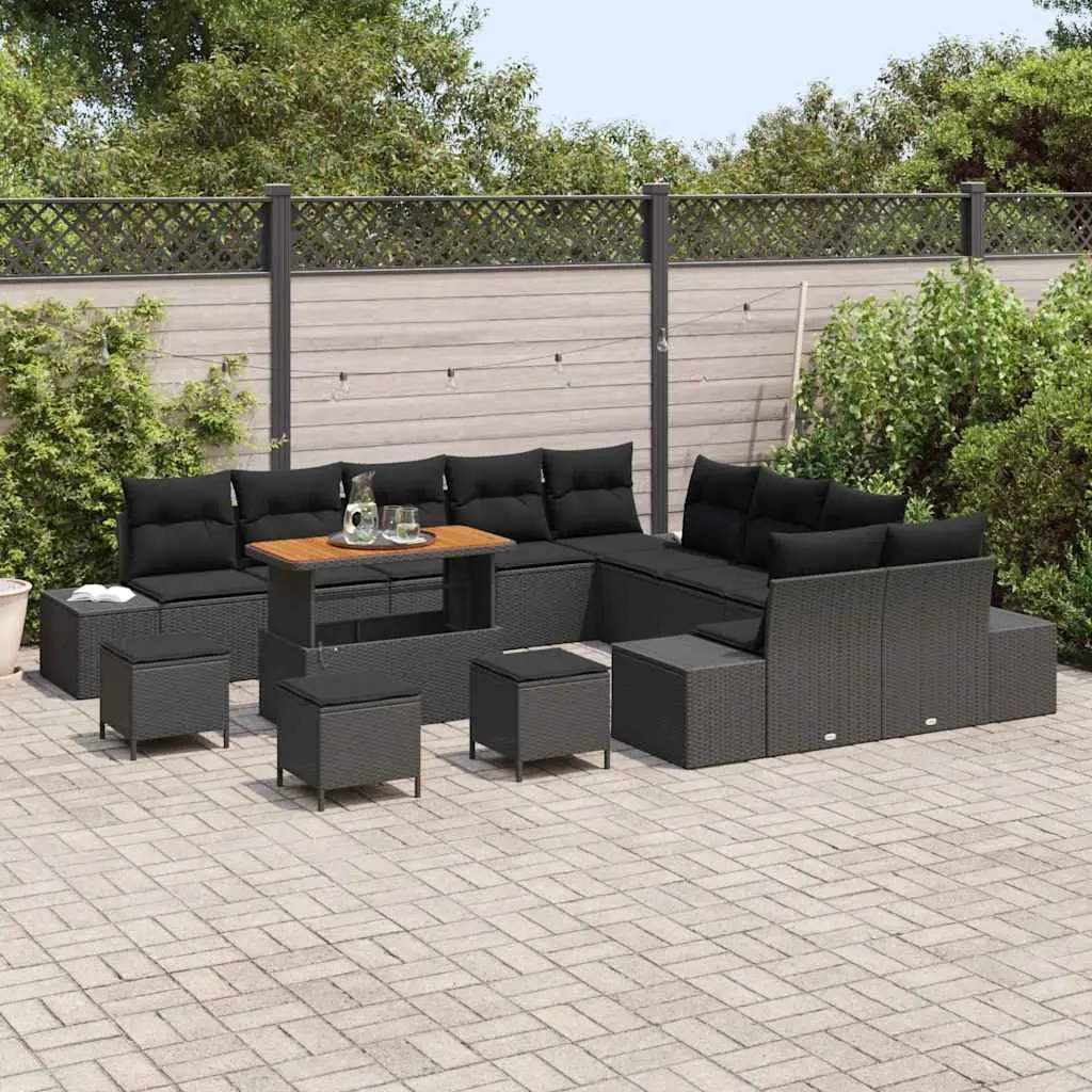 14-Piece Black Poly Rattan Garden Sofa Set