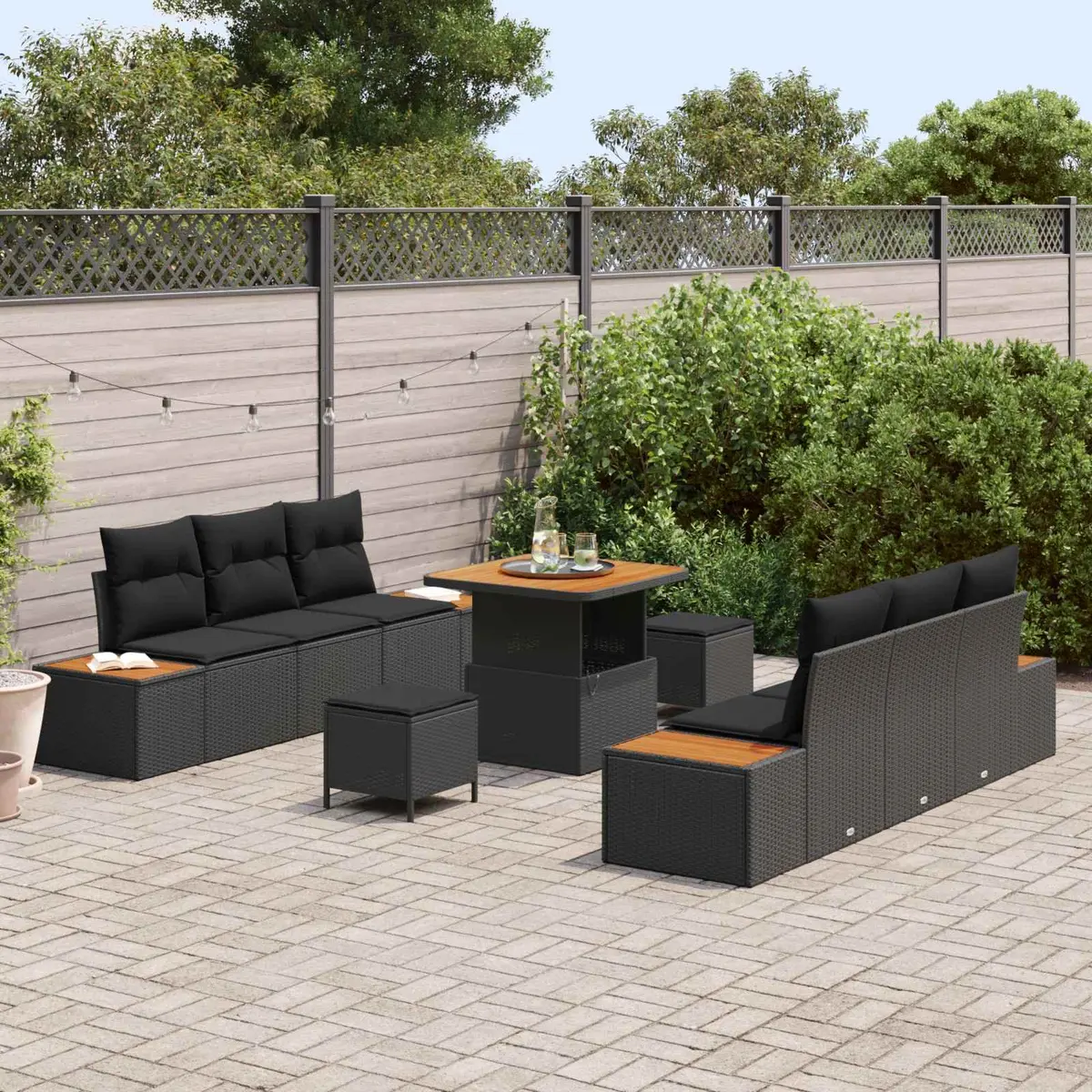 Outdoor Garden Sofa Set Poly Rattan Acacia Wood 9 Piece Black