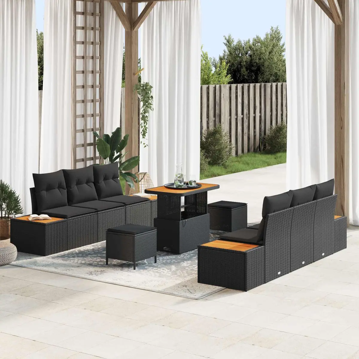 Outdoor Sofa Set Poly Rattan Acacia Wood 9 Pieces Black