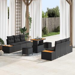 Premium 9-Piece Black Poly Rattan & Acacia Wood Sofa Set