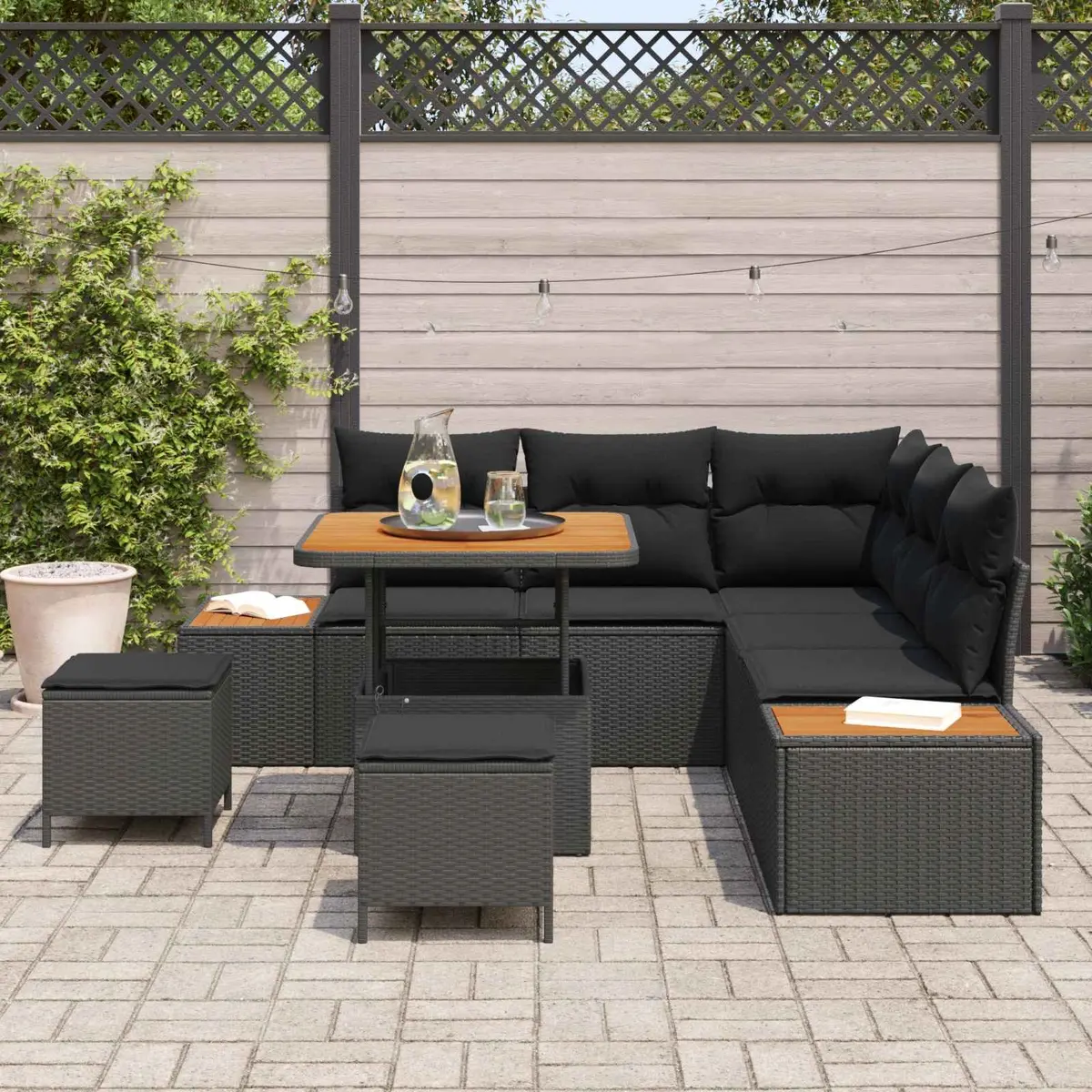 Outdoor Sofa Set Poly Rattan 8 Piece Black