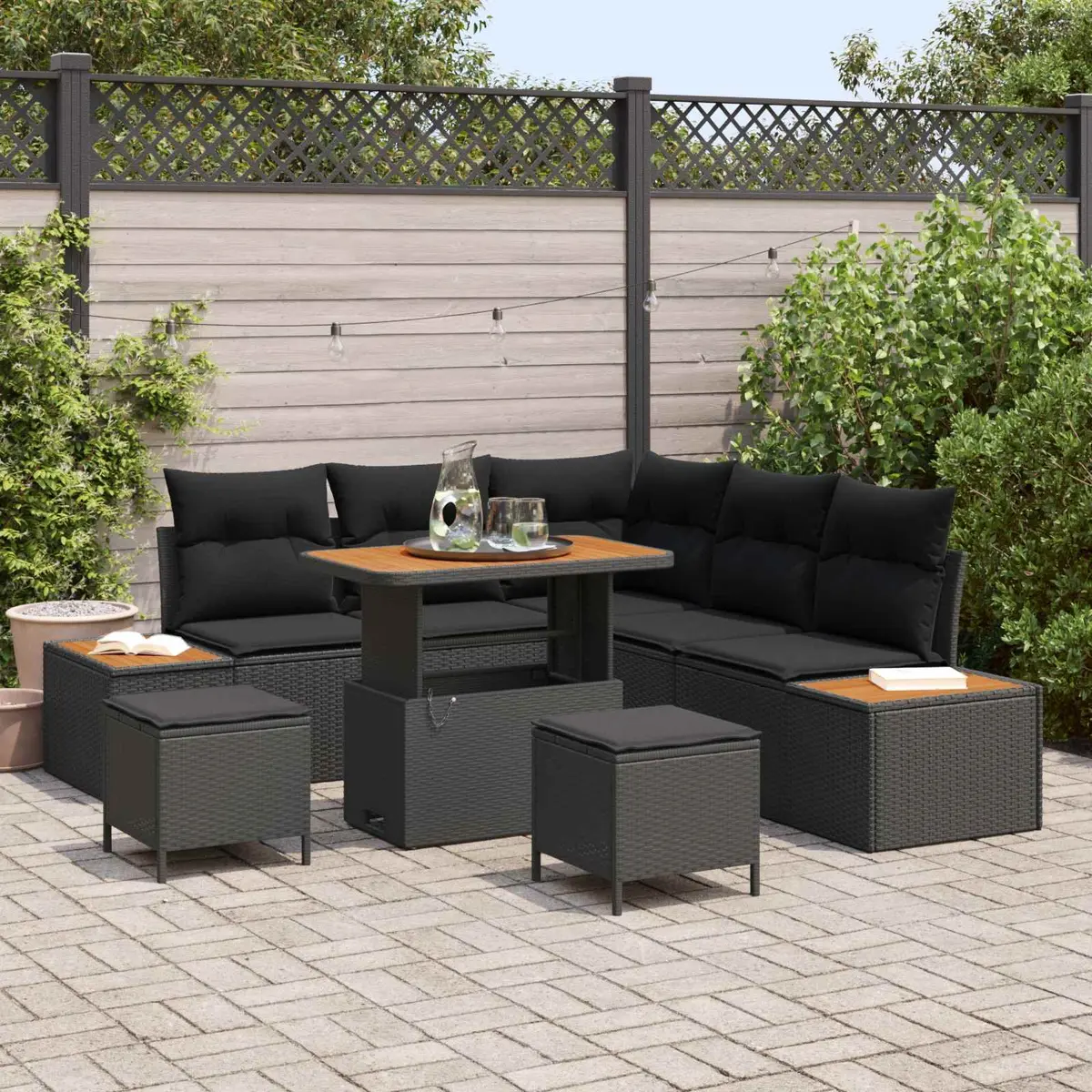 8-Piece Black Modular Garden Sofa Set with Cushions