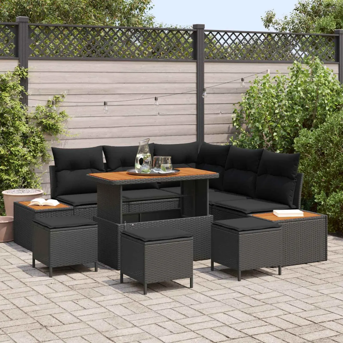 Garden Sofa Set Poly Rattan 9 Pieces Black Acacia Wood with Cushions