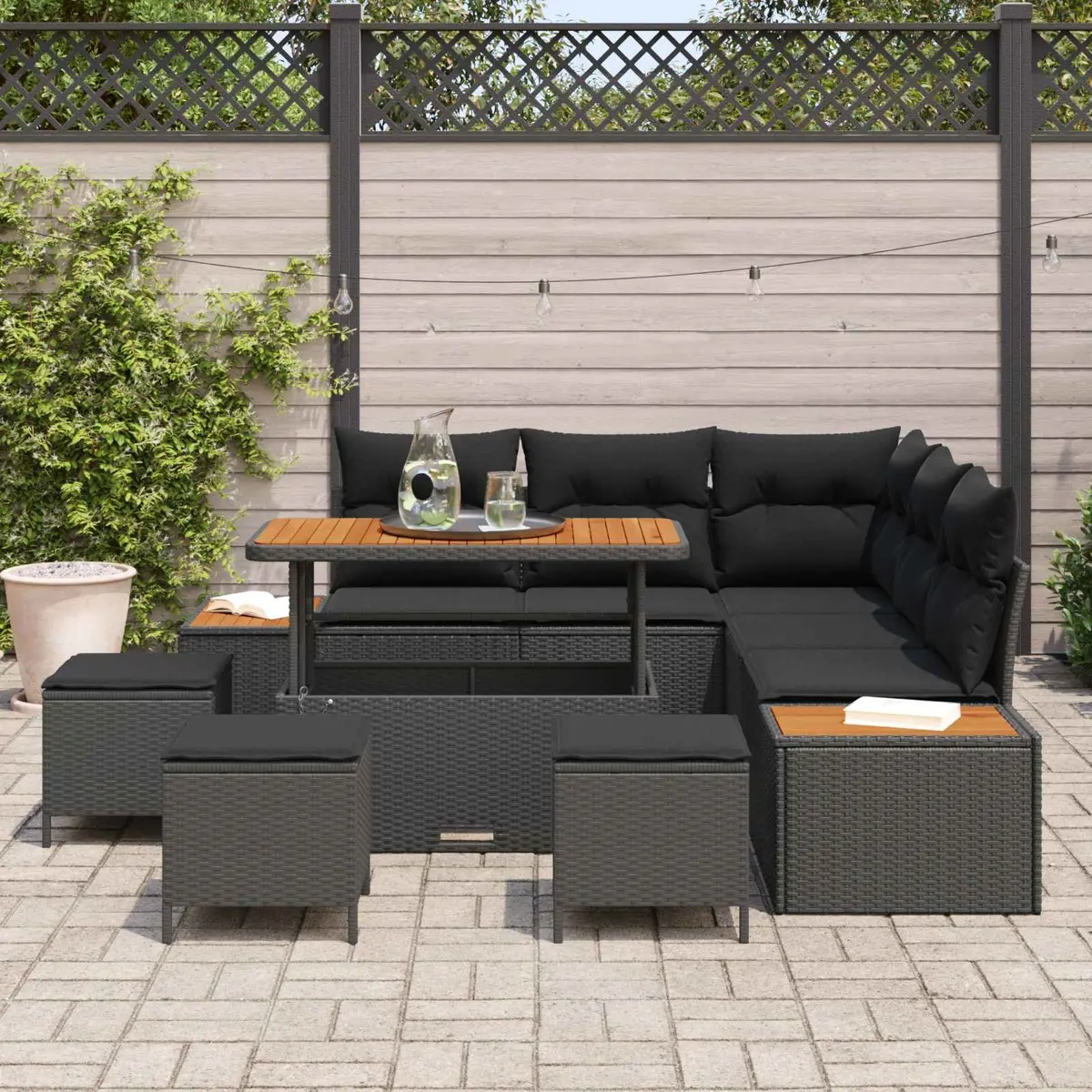 Garden Sofa Set Poly Rattan 9 Pieces Black Acacia Wood with Cushions