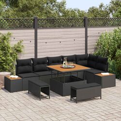 9-Piece Black Poly Rattan Garden Sofa Set with Cushions