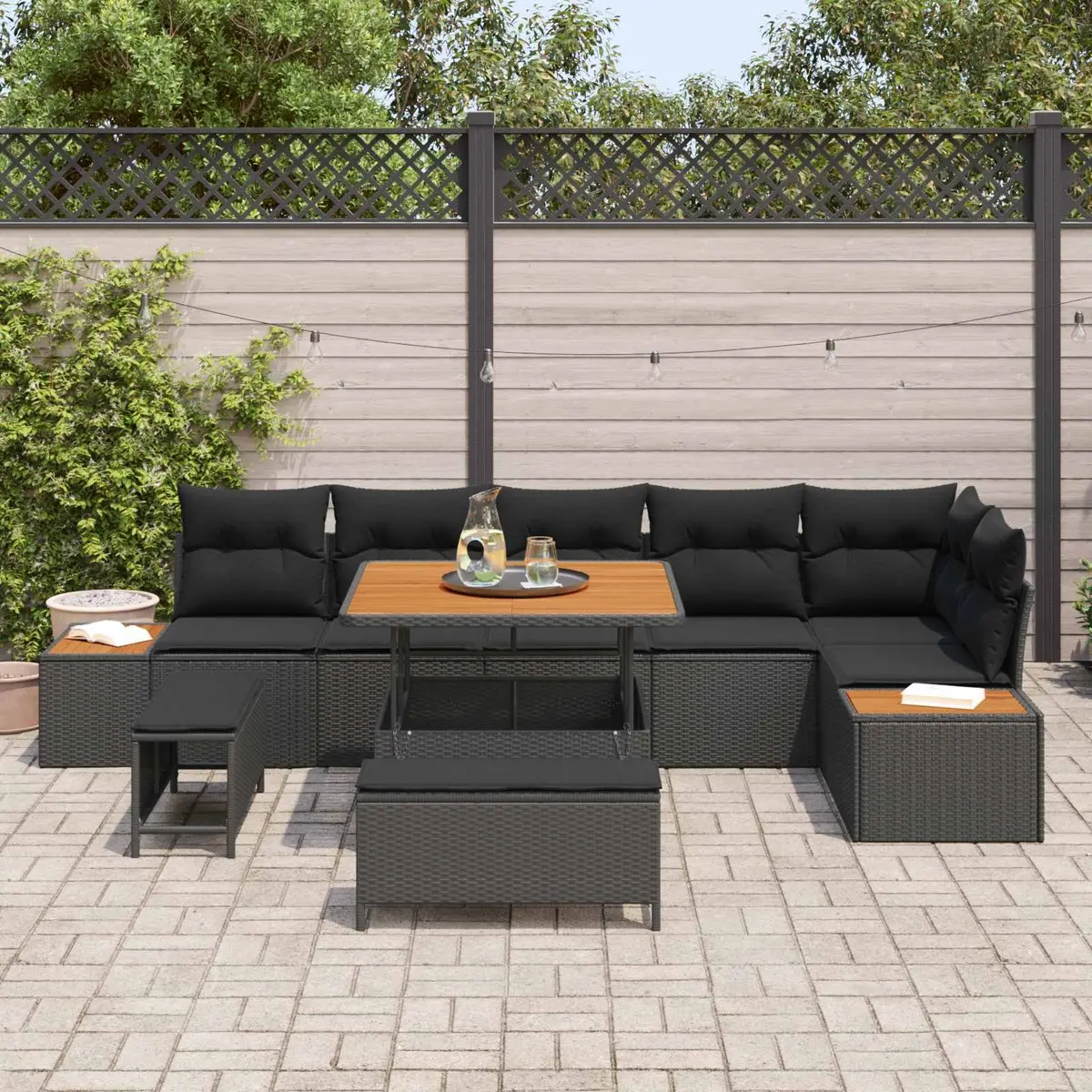 9 Piece Outdoor Garden Sofa Set Poly Rattan Acacia Wood Black