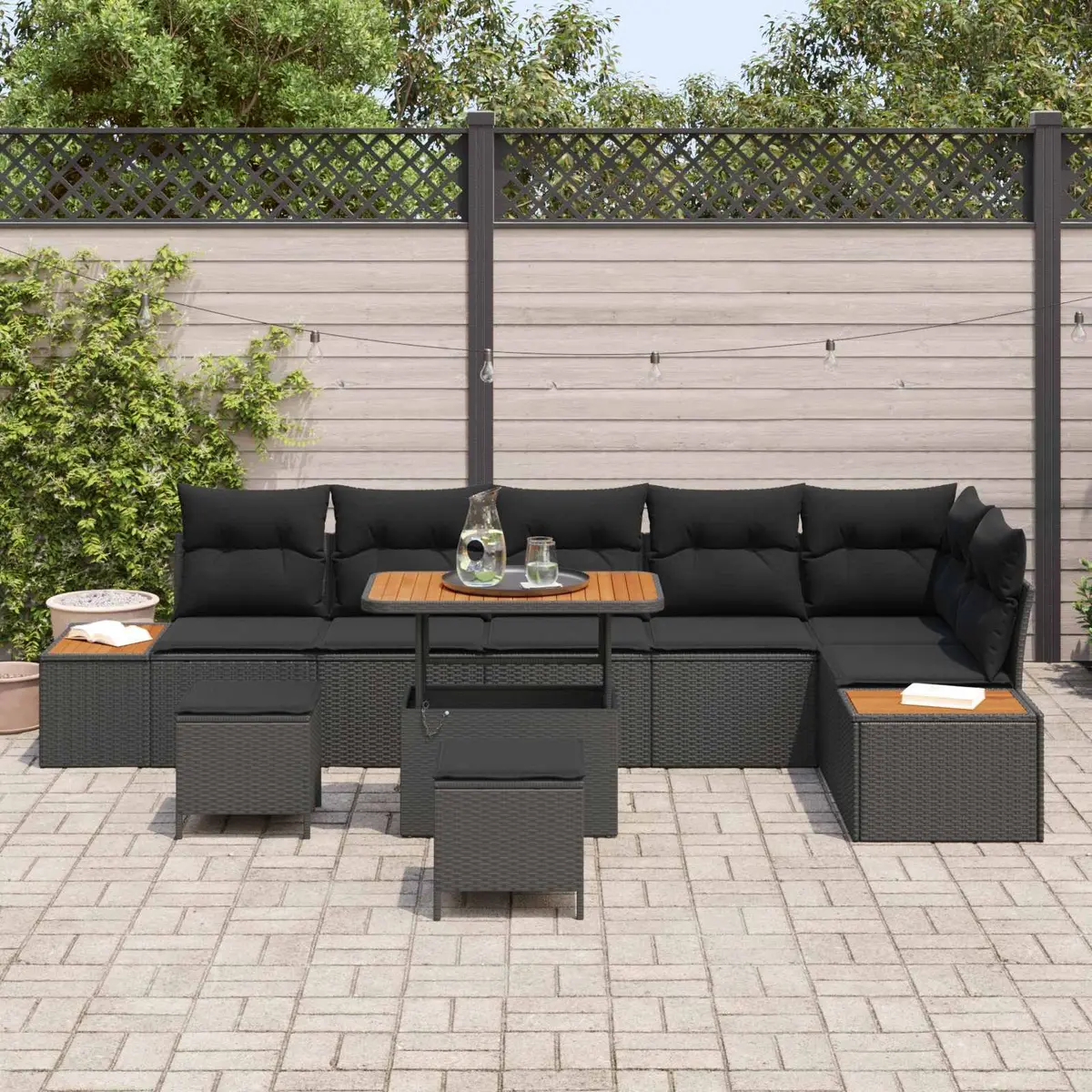Black 9-Piece Poly Rattan Outdoor Sofa Set