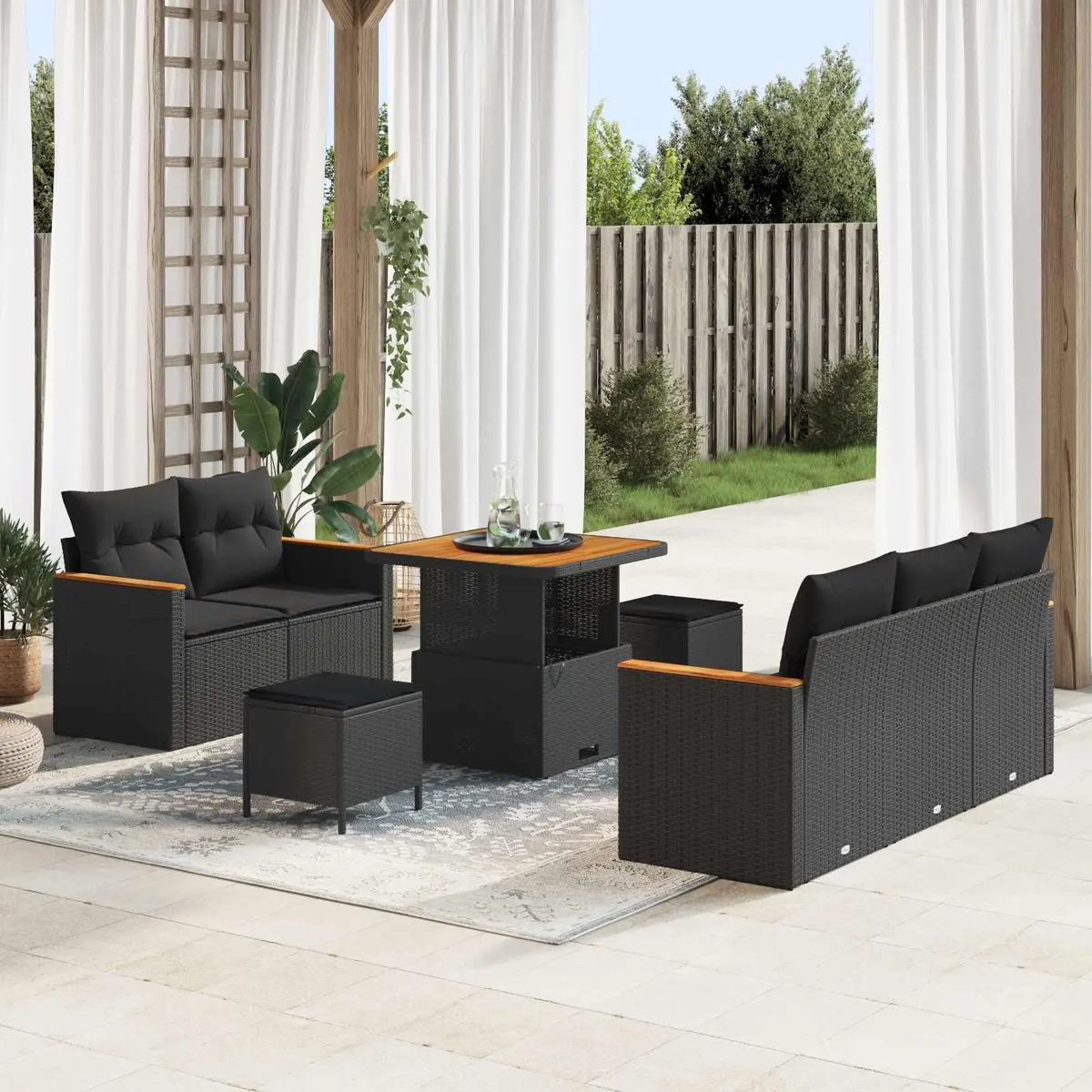 Outdoor Sofa Set Poly Rattan Powder Coated Steel 10 Piece Black