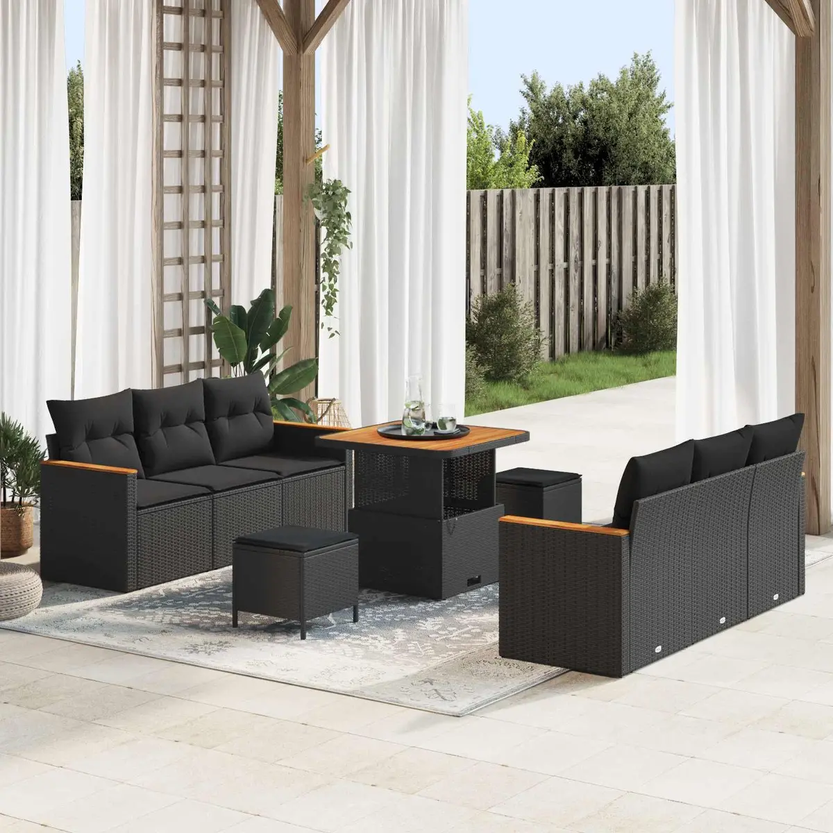 Modular Garden Sofa Set Poly Rattan Acacia Wood Black 11 Piece