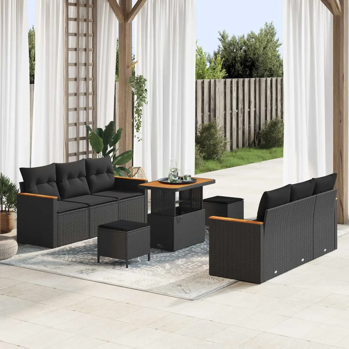 Modular Garden Sofa Set Poly Rattan Acacia Wood 11 Pieces Black Outdoor Seating