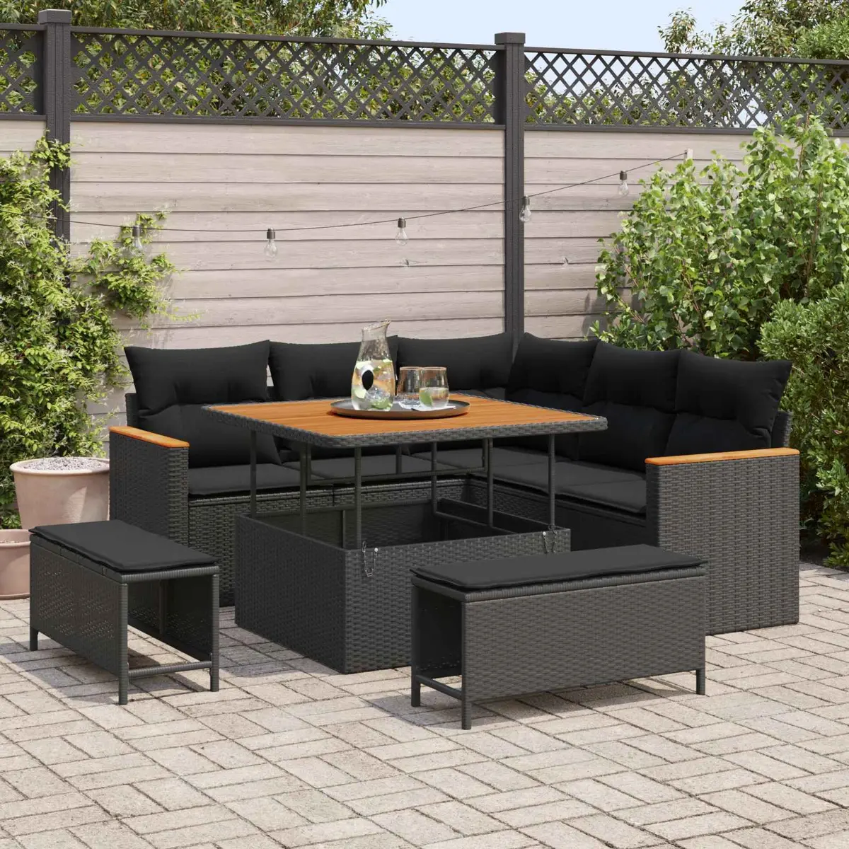 8-Piece Black Modular Garden Sofa Set with Storage