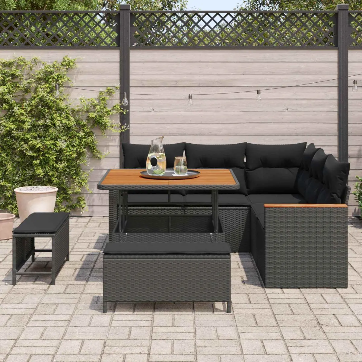 8-Piece Black Modular Garden Sofa Set with Storage
