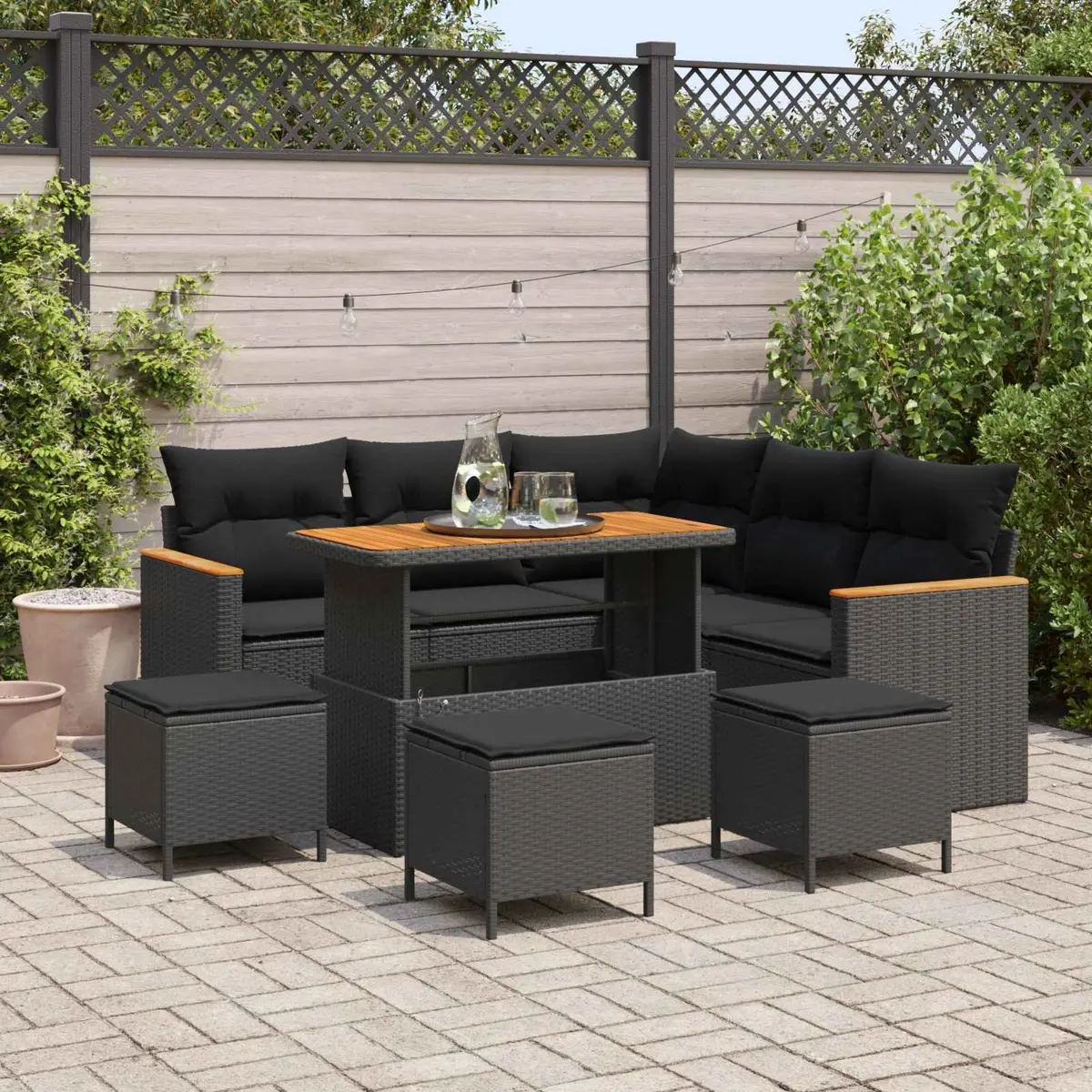 Modular Garden Sofa Set Poly Rattan Black with Height Adjustable Table and Cushions