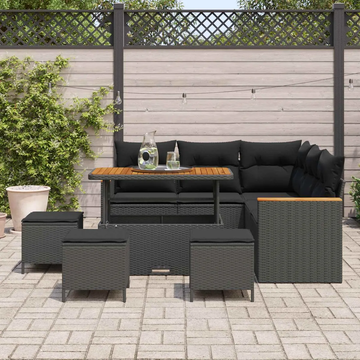 Modular Garden Sofa Set Poly Rattan Black with Height Adjustable Table and Cushions