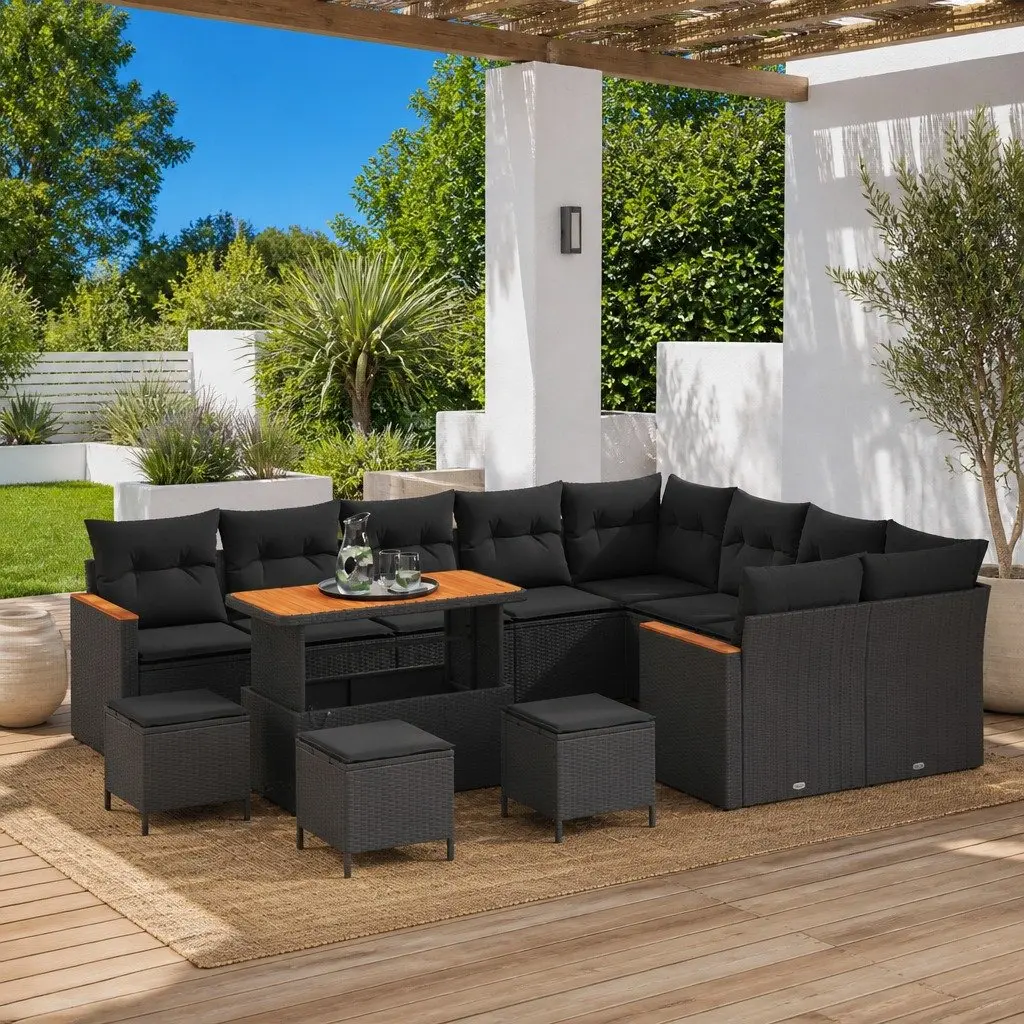 13-Piece Black Poly Rattan Modular Sofa Set