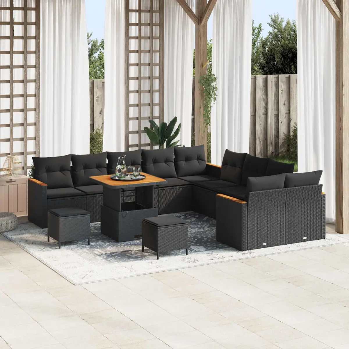 Modular Garden Sofa Set Poly Rattan Acacia Wood Powder-Coated Steel Frame Black 13 Piece