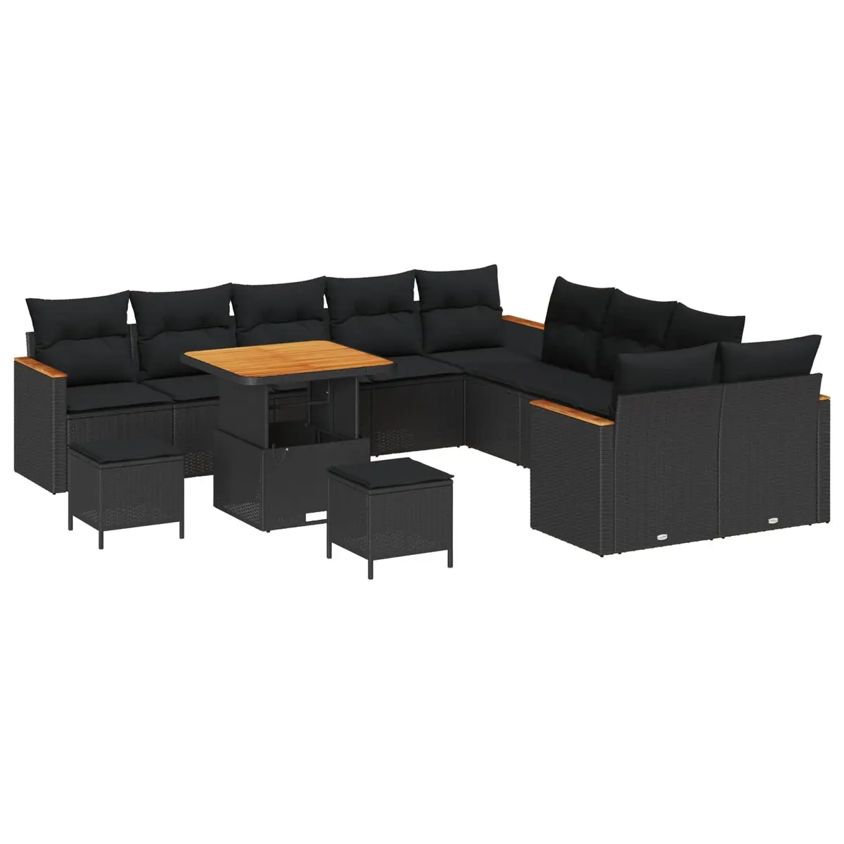 Modular Garden Sofa Set Poly Rattan Acacia Wood Powder-Coated Steel Frame Black 13 Piece