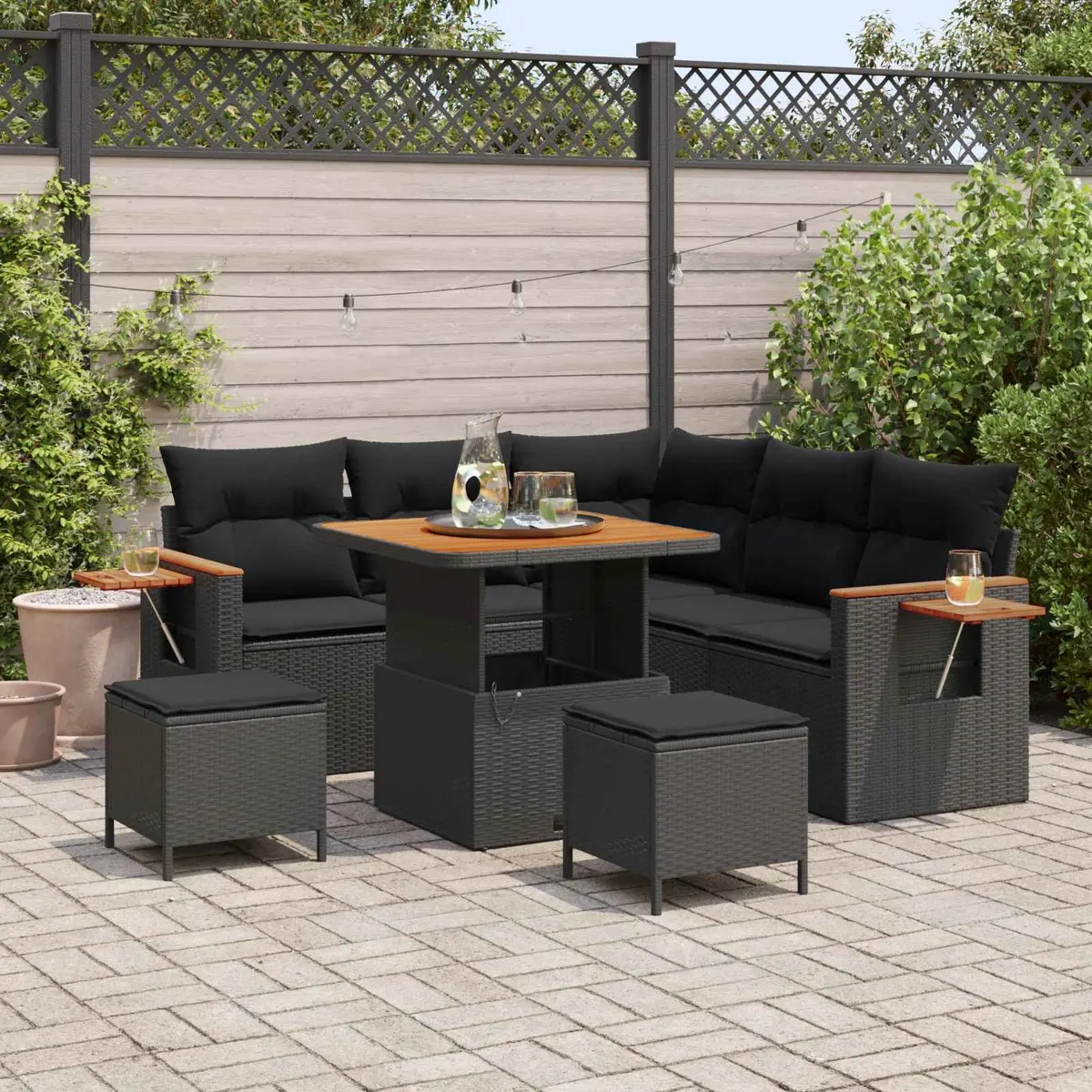 Modular Sofa Set Poly Rattan Solid Acacia Wood 9 Piece Black Weather Resistant Cushions