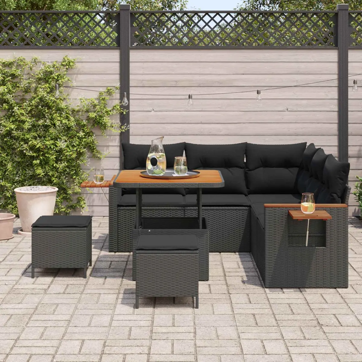 Modular Sofa Set Poly Rattan Solid Acacia Wood 9 Piece Black Weather Resistant Cushions