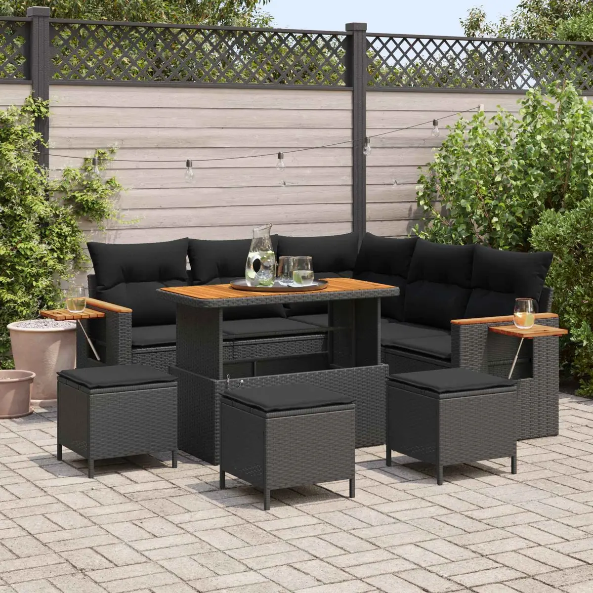10-Piece Modular Outdoor Sofa Set with Black Cushions