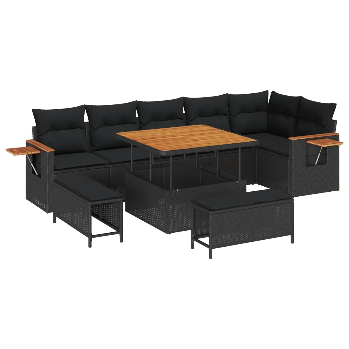 Modular Garden Sofa Set Poly Rattan Acacia Wood Steel Frame 11 Piece Black