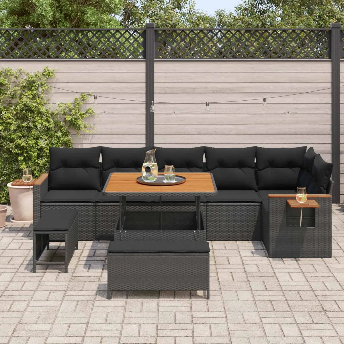 Modular Garden Sofa Set Poly Rattan Acacia Wood Steel Frame 11 Piece Black