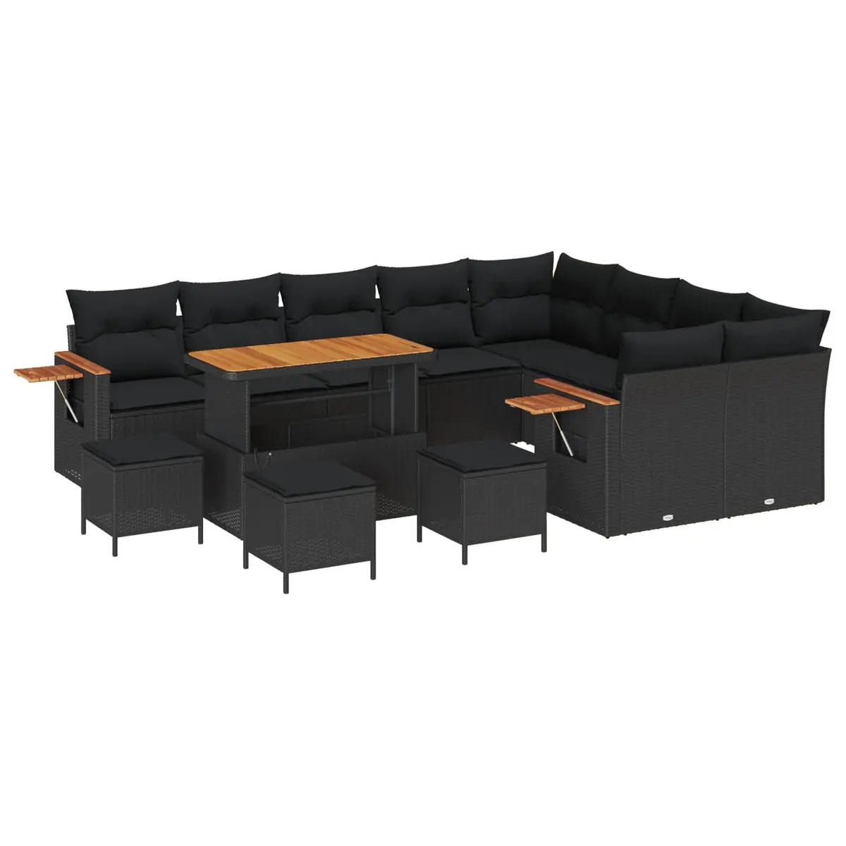 Modular Garden Sofa Set Poly Rattan Solid Acacia Wood 14 Pieces Black